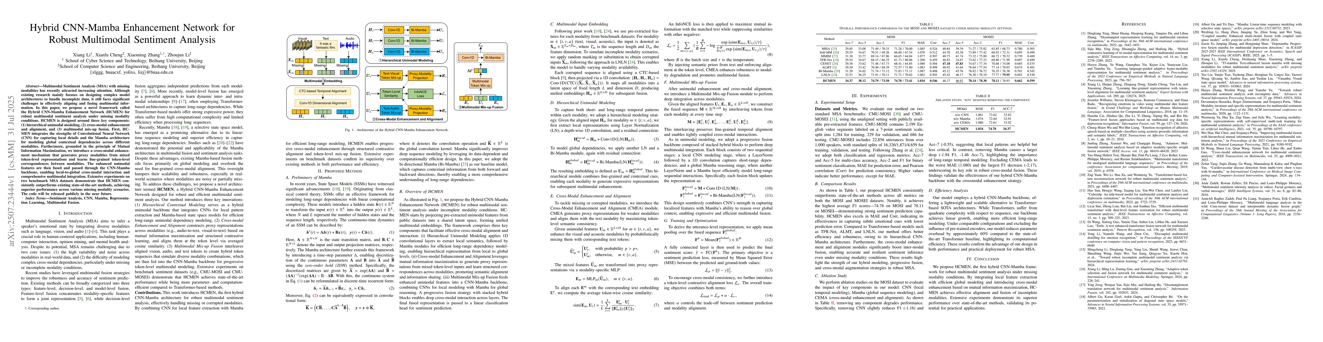 Thumbnail for Hybrid CNN-Mamba Enhancement Network for Robust Multimodal Sentiment
  Analysis