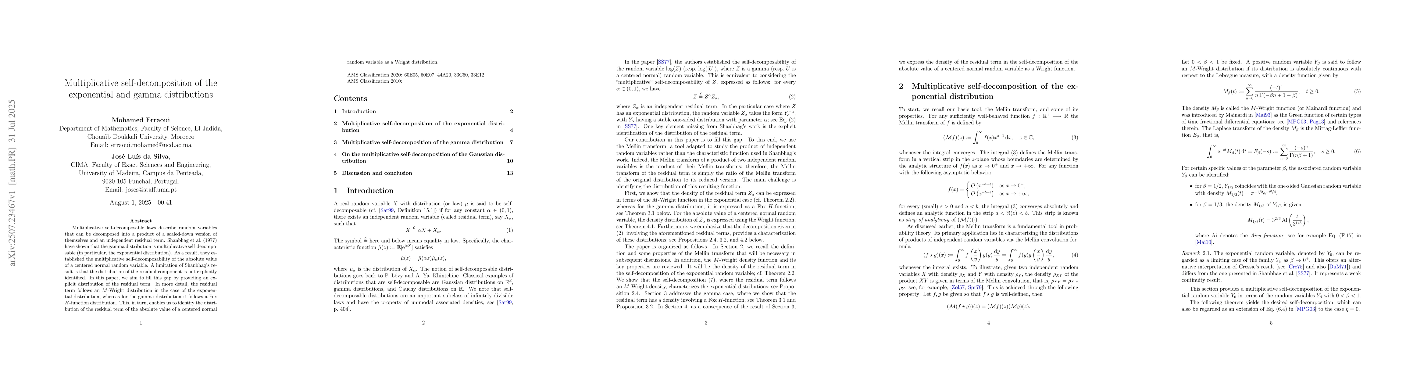 Thumbnail for Multiplicative self-decomposition of the exponential and gamma
  distributions