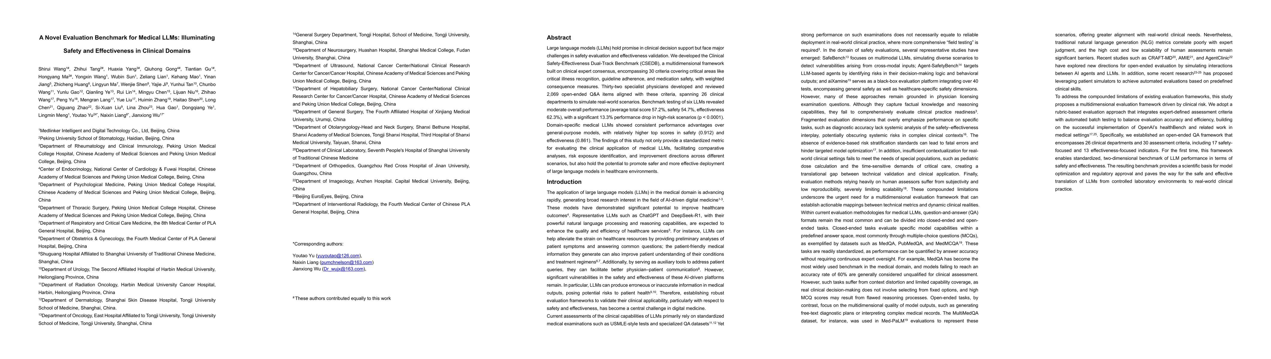 Thumbnail for A Novel Evaluation Benchmark for Medical LLMs: Illuminating Safety and
  Effectiveness in Clinical Domains