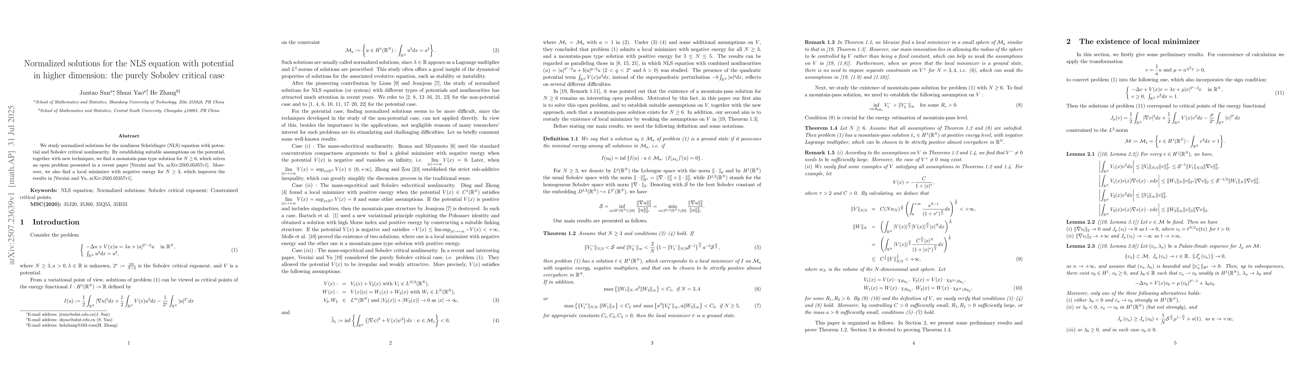 Thumbnail for Normalized solutions for the NLS equation with potential in higher
  dimension: the purely Sobolev critical case