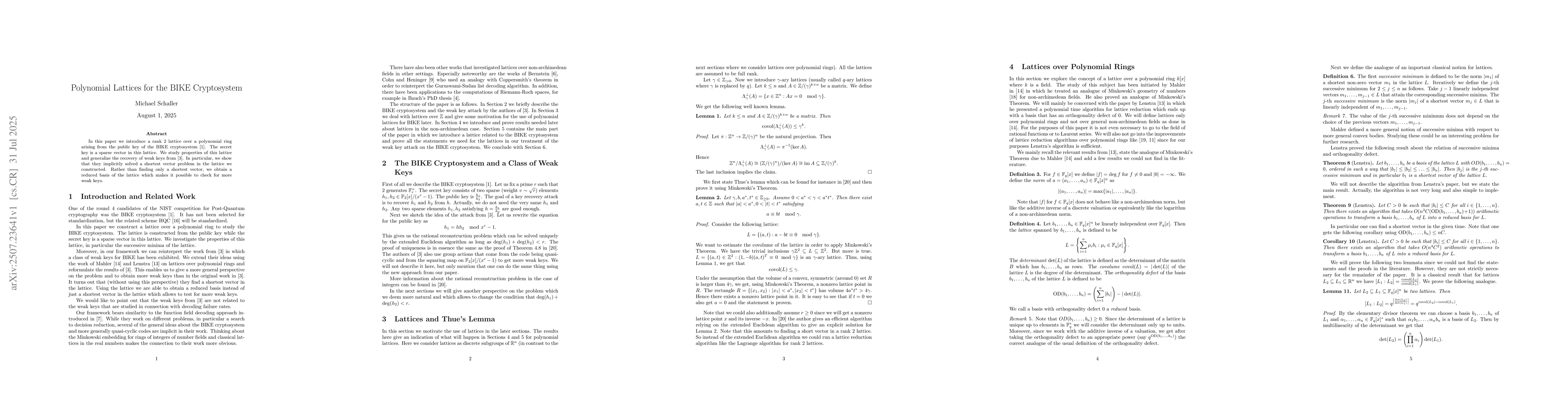 Thumbnail for Polynomial Lattices for the BIKE Cryptosystem