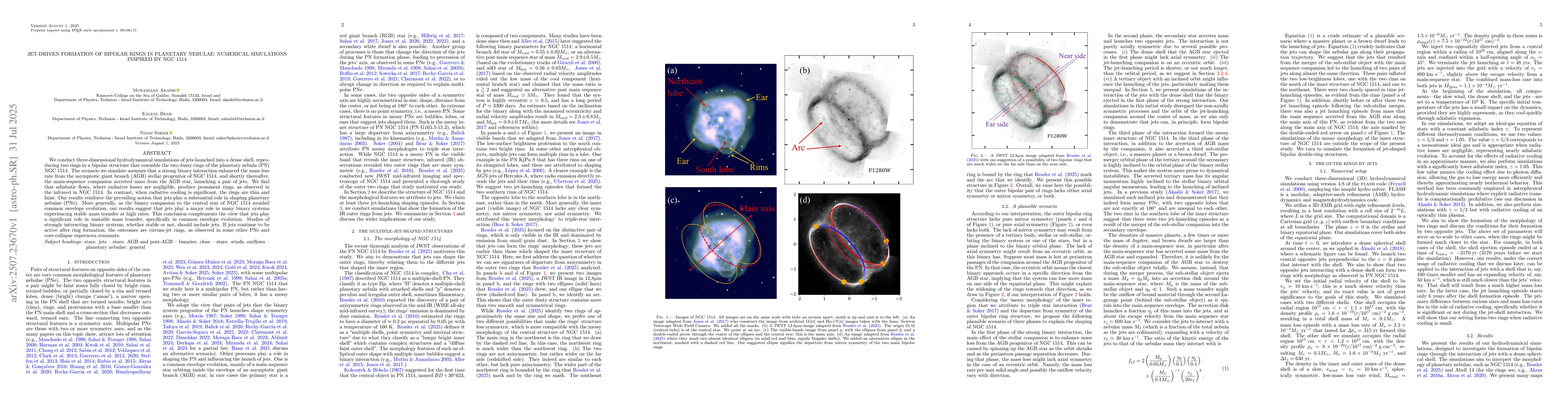 Thumbnail for Jet-Driven Formation of Bipolar Rings in Planetary Nebulae: Numerical
  Simulations Inspired by NGC 1514