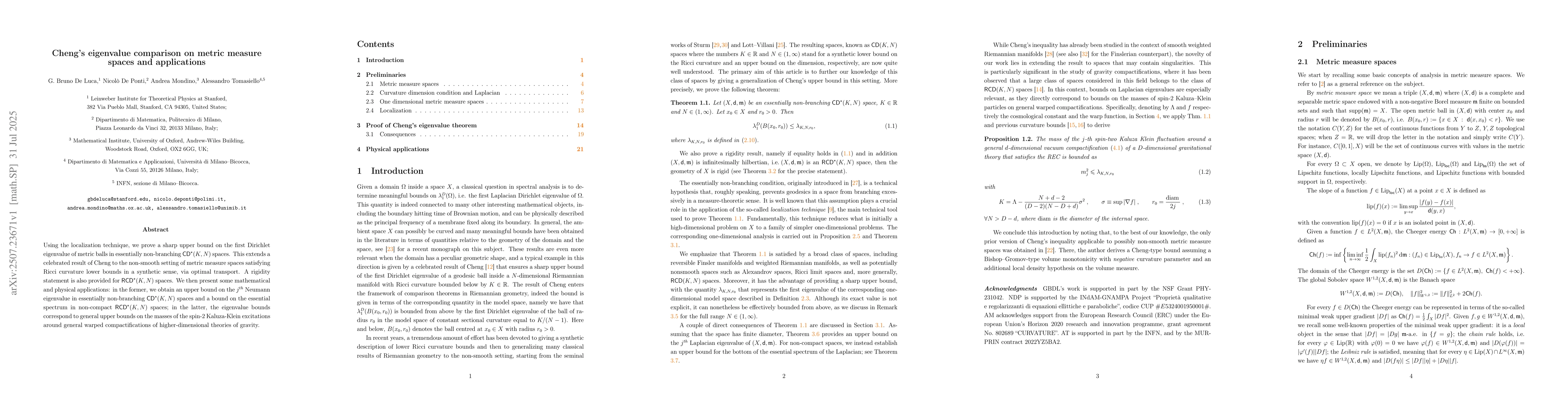 Thumbnail for Cheng's eigenvalue comparison on metric measure spaces and applications