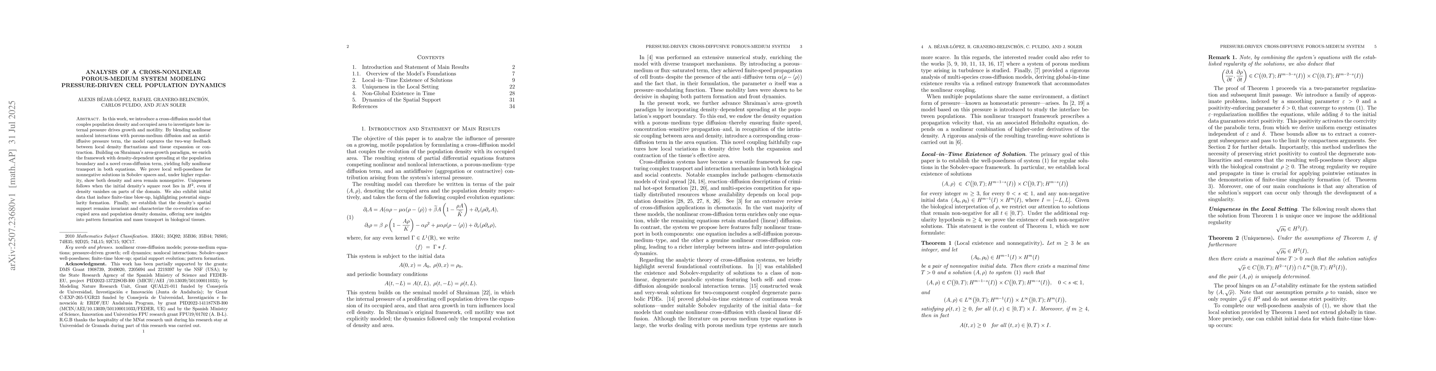 Thumbnail for Analysis of a Cross-Nonlinear Porous-Medium System Modeling
  Pressure-Driven Cell Population Dynamics