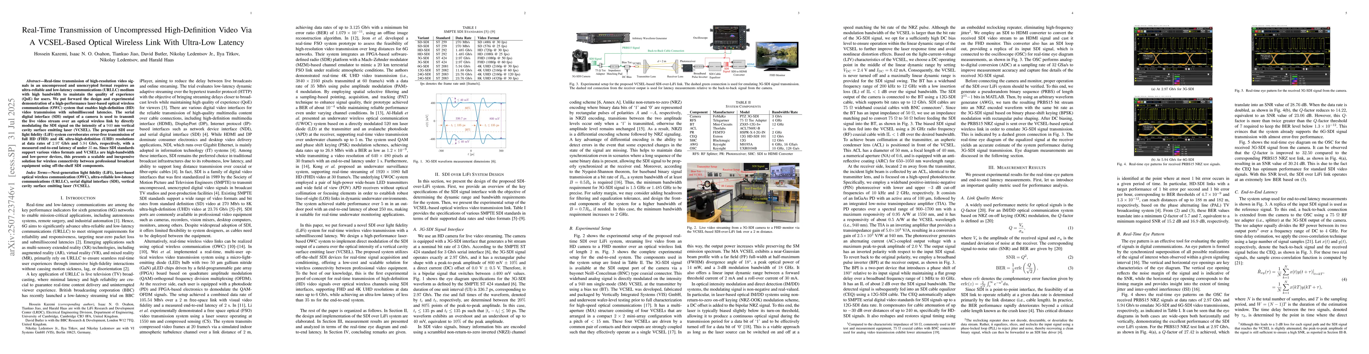 Thumbnail for Real-Time Transmission of Uncompressed High-Definition Video Via A
  VCSEL-Based Optical Wireless Link With Ultra-Low Latency