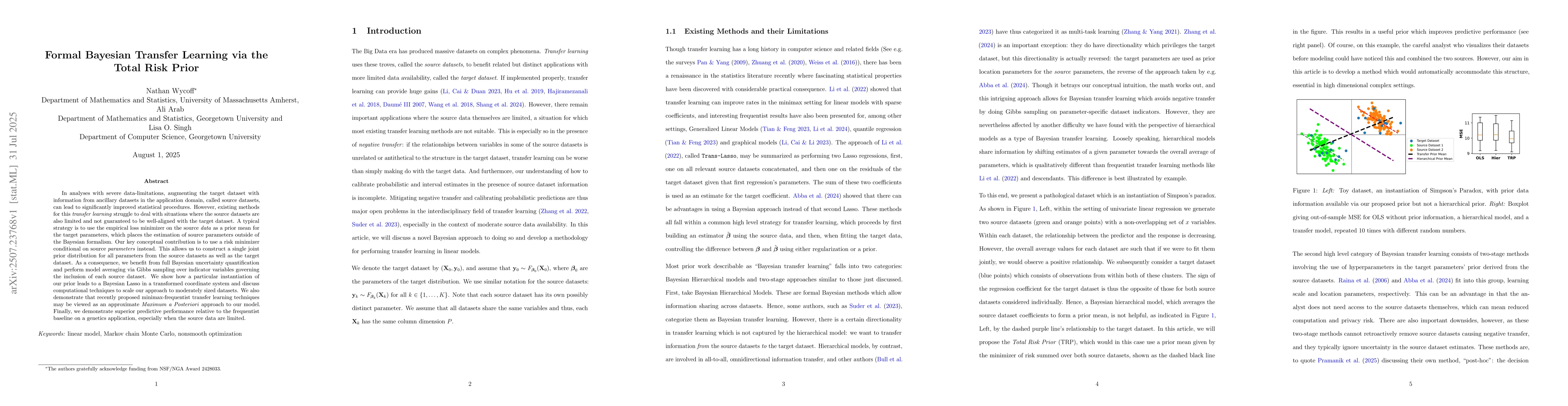 Thumbnail for Formal Bayesian Transfer Learning via the Total Risk Prior