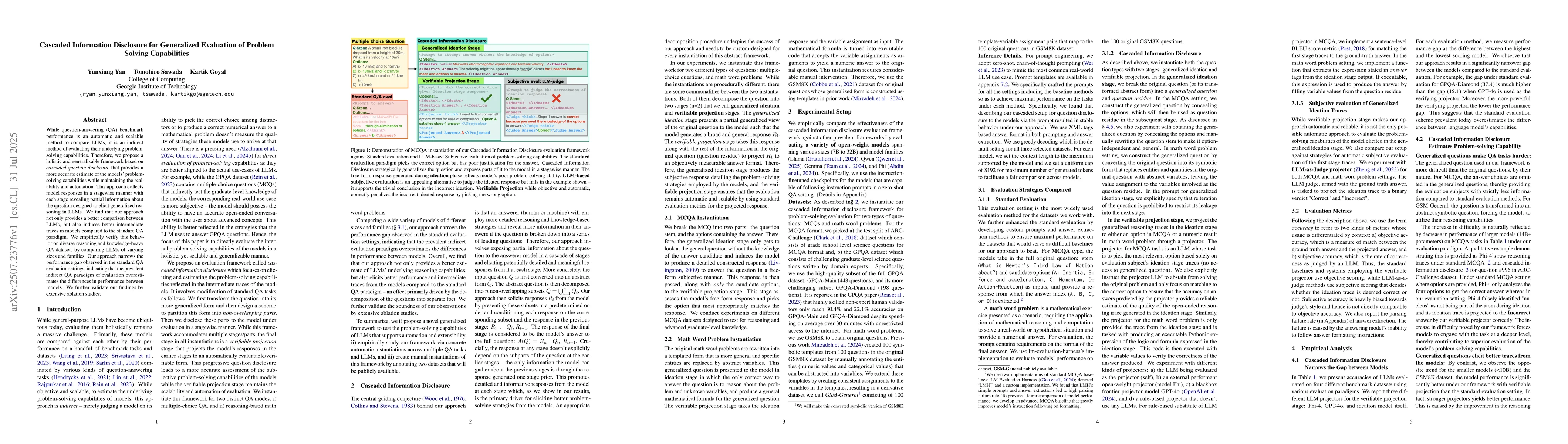 Thumbnail for Cascaded Information Disclosure for Generalized Evaluation of Problem
  Solving Capabilities