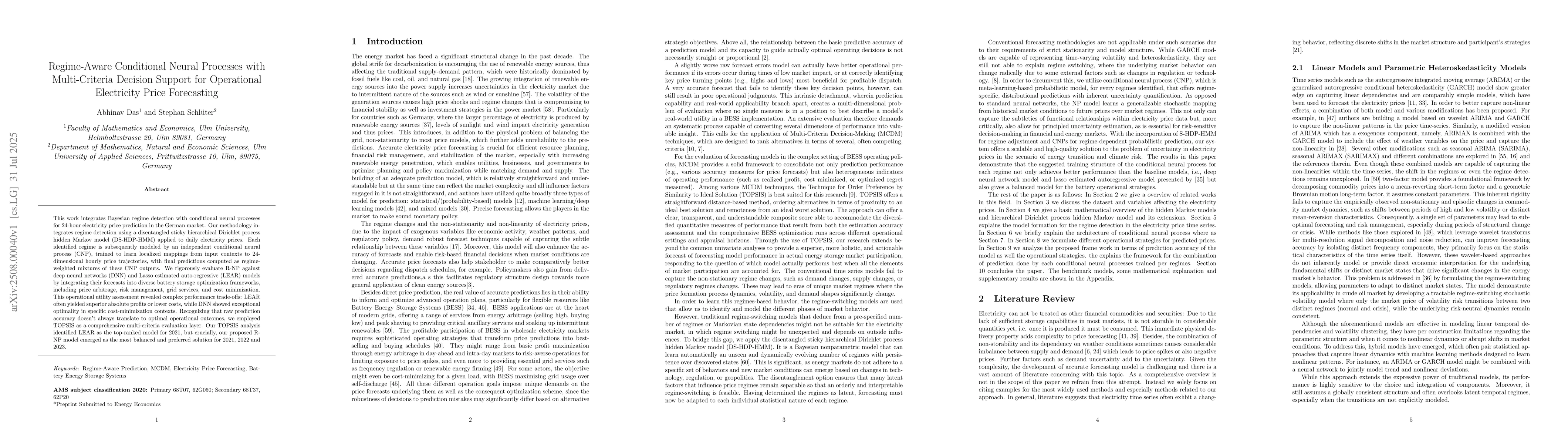 Thumbnail for Regime-Aware Conditional Neural Processes with Multi-Criteria Decision
  Support for Operational Electricity Price Forecasting