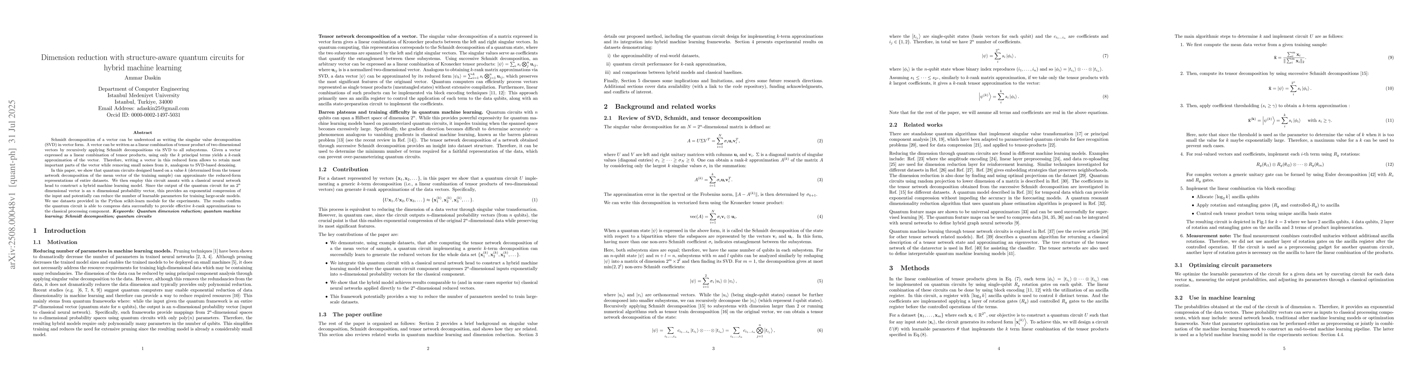 Thumbnail for Dimension reduction with structure-aware quantum circuits for hybrid
  machine learning
