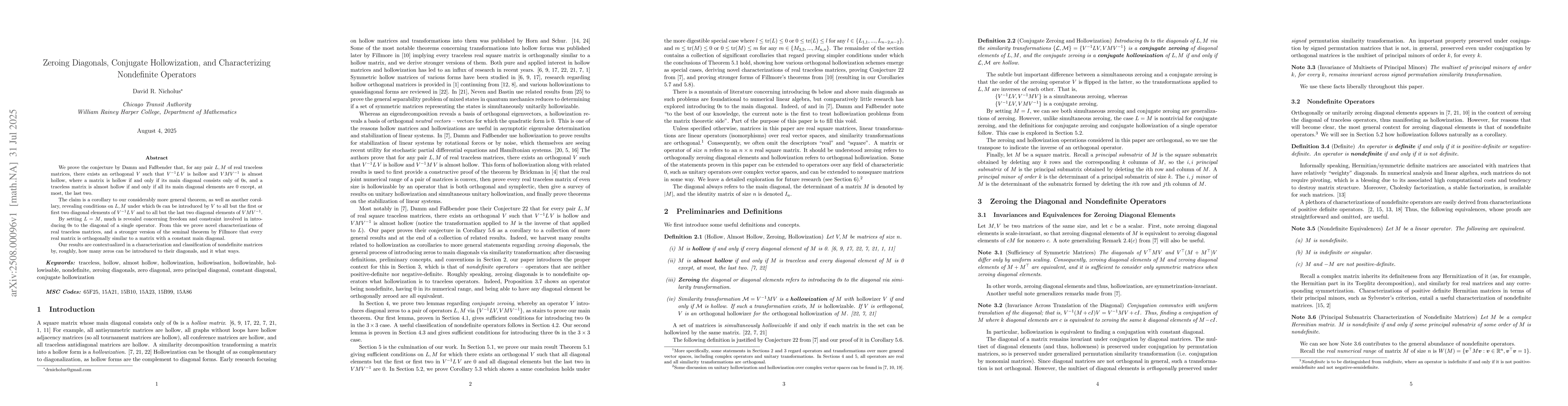 Thumbnail for Zeroing Diagonals, Conjugate Hollowization, and Characterizing
  Nondefinite Operators