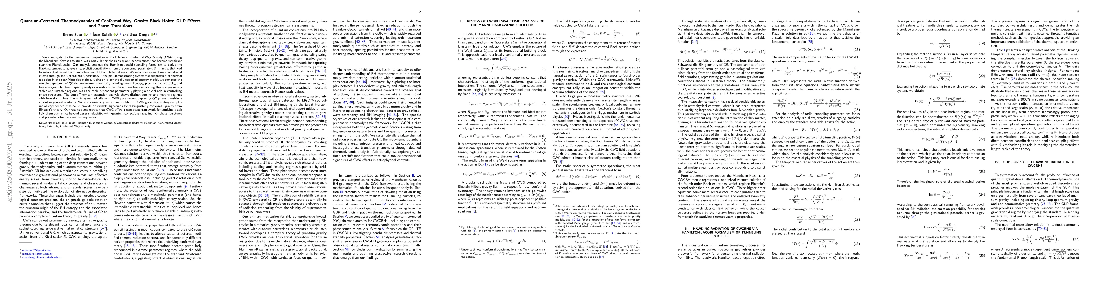 Thumbnail for Quantum-Corrected Thermodynamics of Conformal Weyl Gravity Black Holes:
  GUP Effects and Phase Transitions