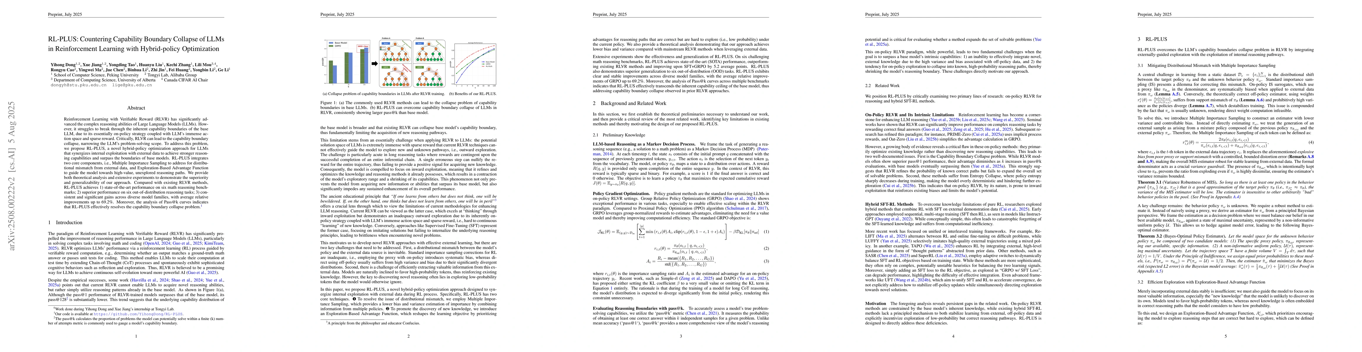 Thumbnail for RL-PLUS: Countering Capability Boundary Collapse of LLMs in
  Reinforcement Learning with Hybrid-policy Optimization