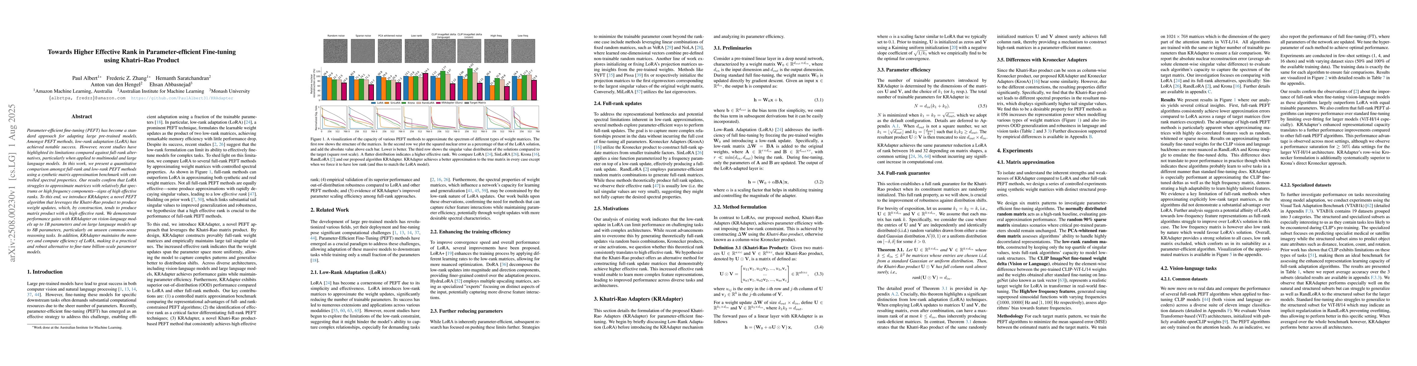 Thumbnail for Towards Higher Effective Rank in Parameter-efficient Fine-tuning using
  Khatri--Rao Product