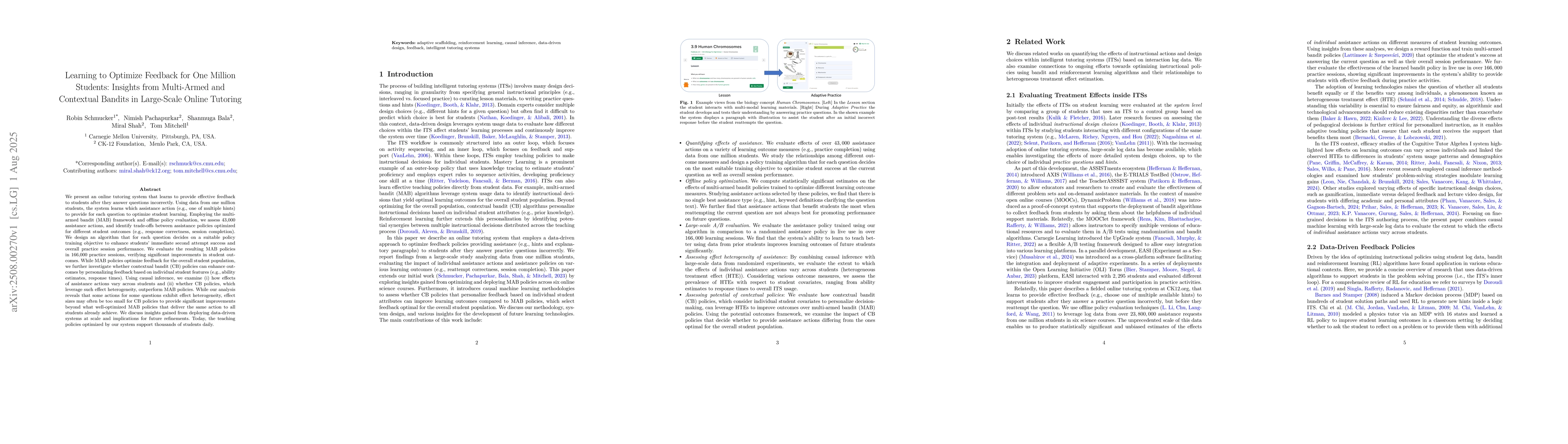 Thumbnail for Learning to Optimize Feedback for One Million Students: Insights from
  Multi-Armed and Contextual Bandits in Large-Scale Online Tutoring