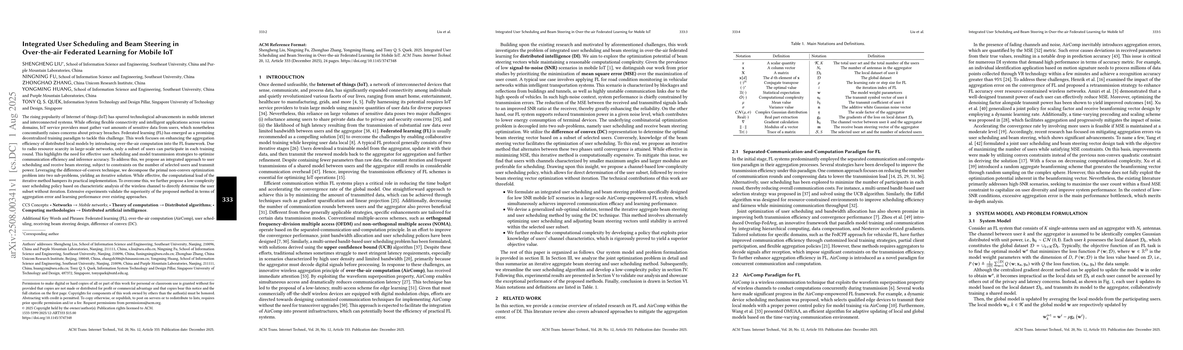Thumbnail for Integrated user scheduling and beam steering in over-the-air federated
  learning for mobile IoT