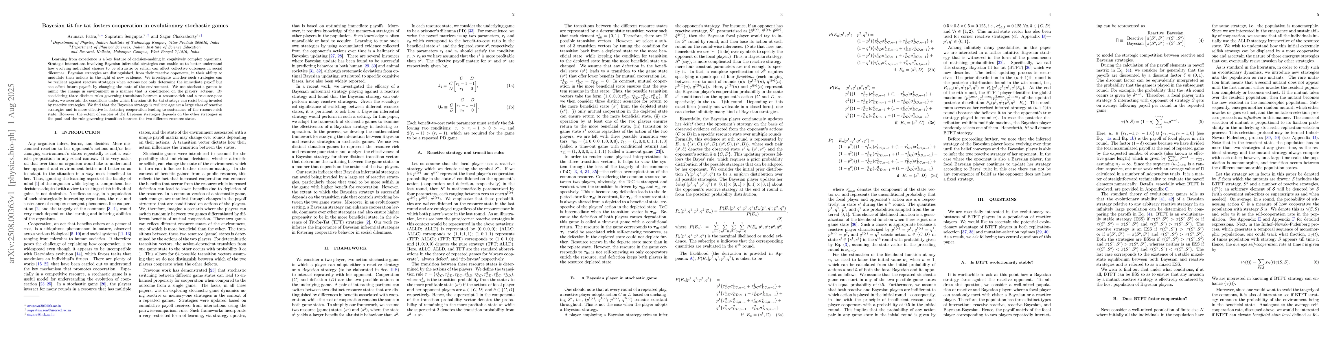 Thumbnail for Bayesian tit-for-tat fosters cooperation in evolutionary stochastic
  games