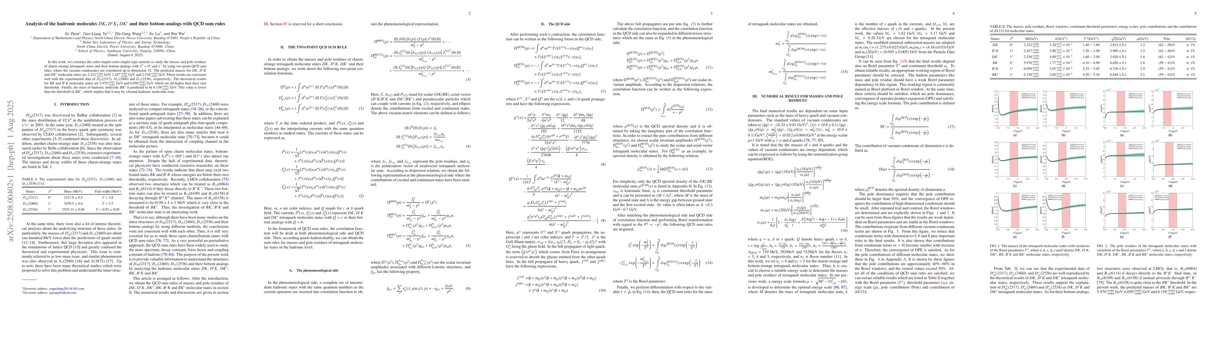 Thumbnail for Analysis of the hadronic molecules $DK$, $D^*K$, $DK^*$ and their bottom
  analogs with QCD sum rules