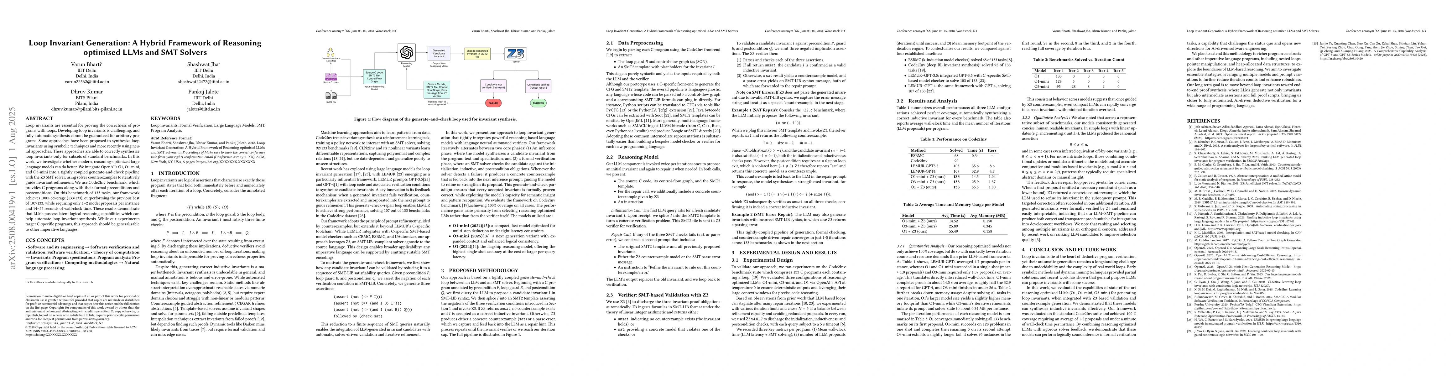 Thumbnail for Loop Invariant Generation: A Hybrid Framework of Reasoning optimised
  LLMs and SMT Solvers