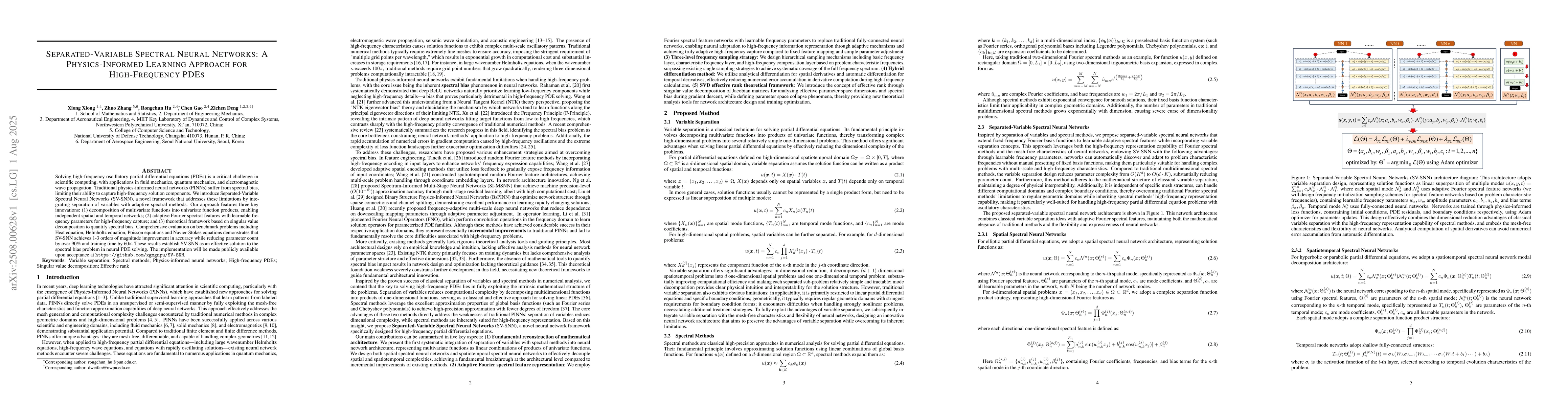 Thumbnail for Separated-Variable Spectral Neural Networks: A Physics-Informed Learning
  Approach for High-Frequency PDEs