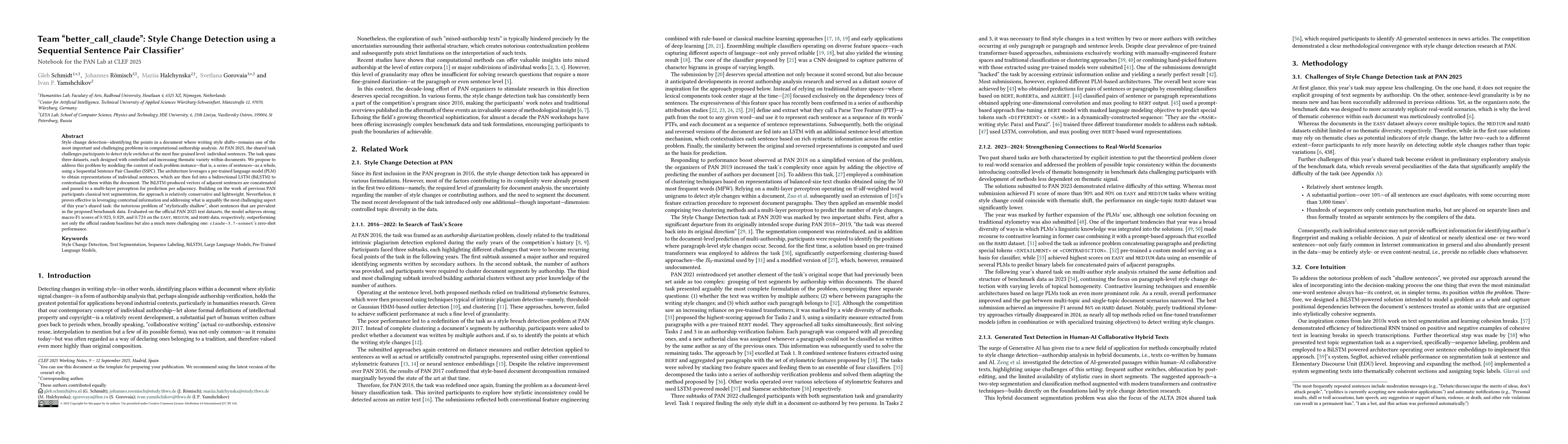 Thumbnail for Team "better_call_claude": Style Change Detection using a Sequential
  Sentence Pair Classifier