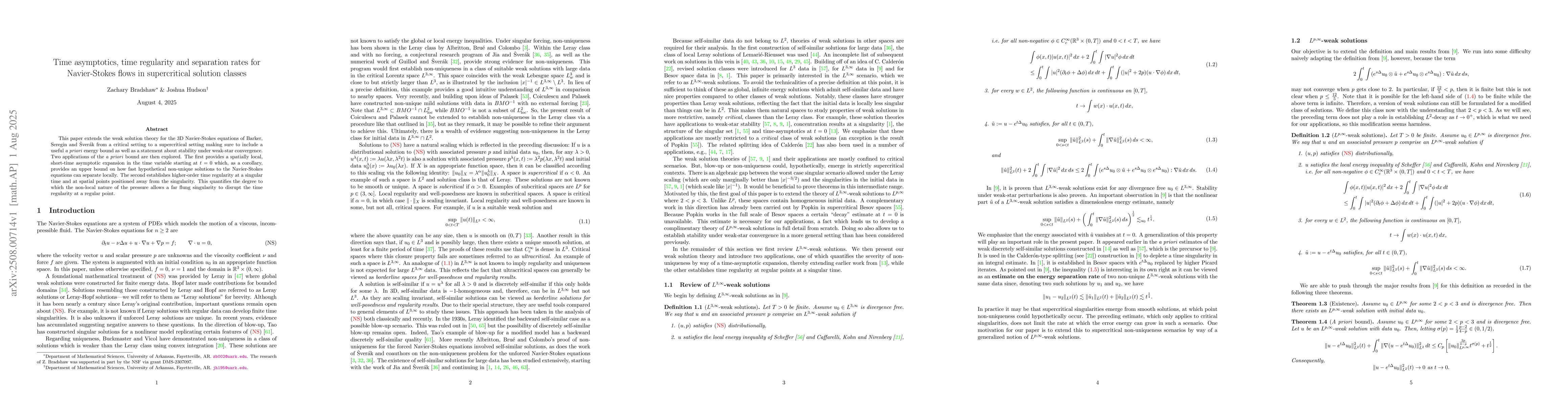 Thumbnail for Time asymptotics, time regularity and separation rates for Navier-Stokes
  flows in supercritical solution classes