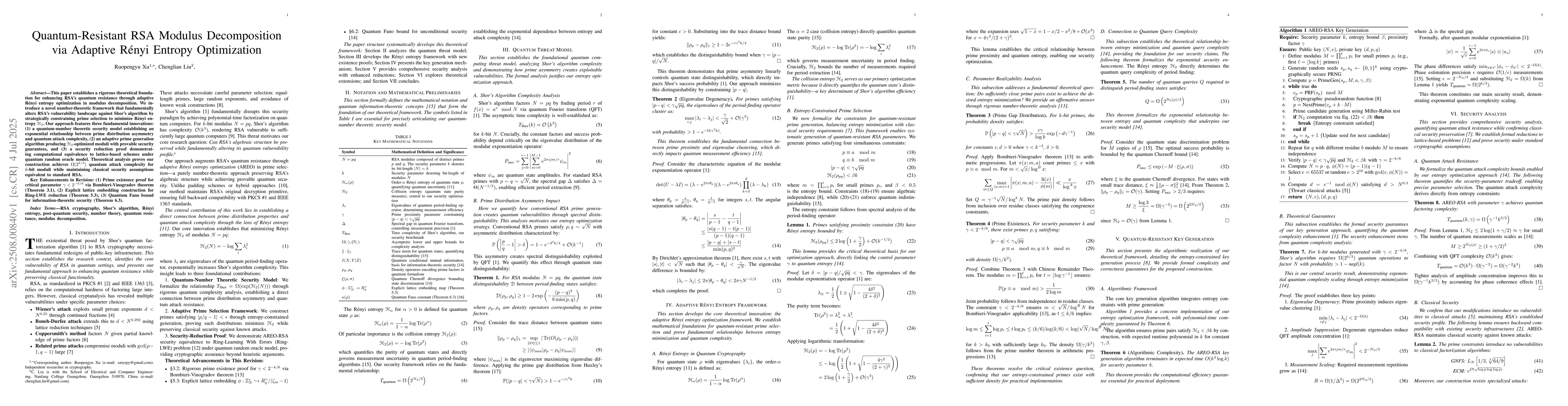 Thumbnail for Quantum-Resistant RSA Modulus Decomposition via Adaptive Rényi Entropy
  Optimization