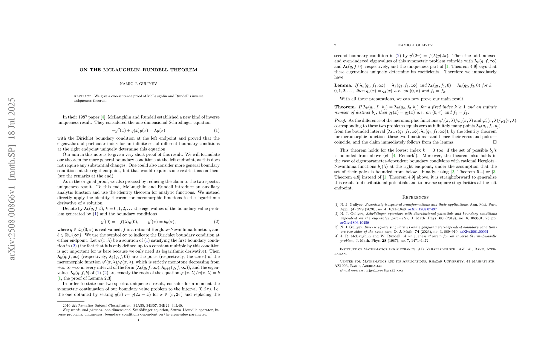 Thumbnail for On the McLaughlin-Rundell theorem