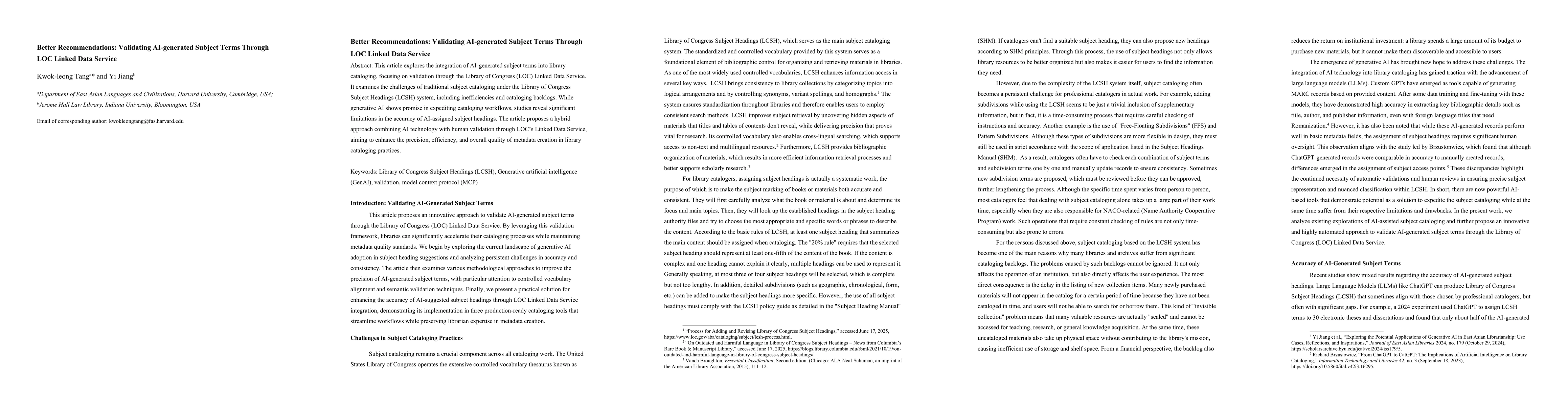 Thumbnail for Better Recommendations: Validating AI-generated Subject Terms Through
  LOC Linked Data Service