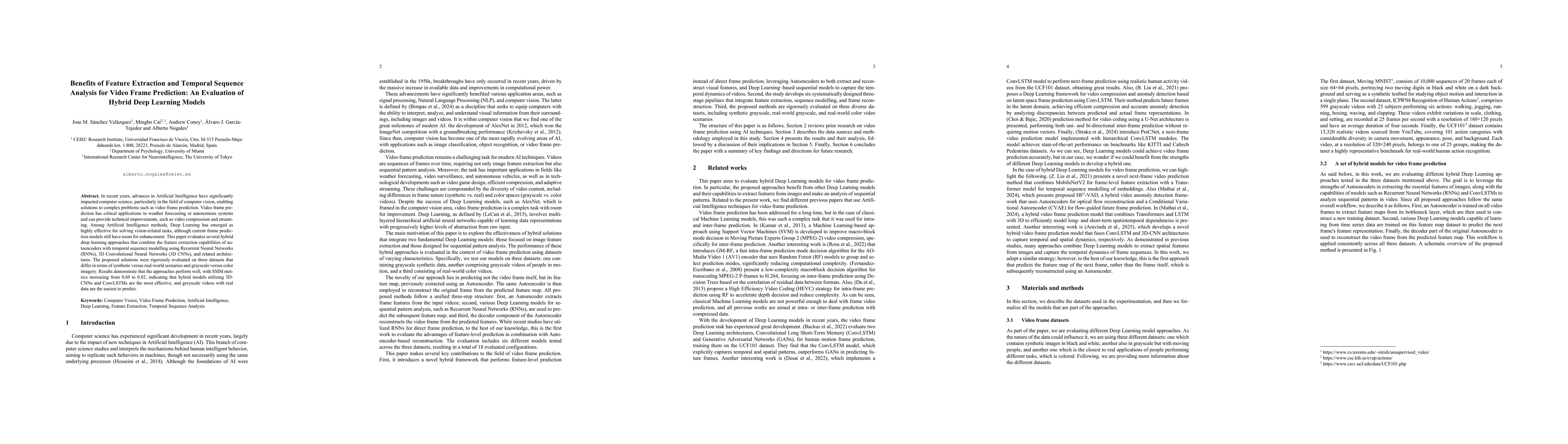 Thumbnail for Benefits of Feature Extraction and Temporal Sequence Analysis for Video
  Frame Prediction: An Evaluation of Hybrid Deep Learning Models