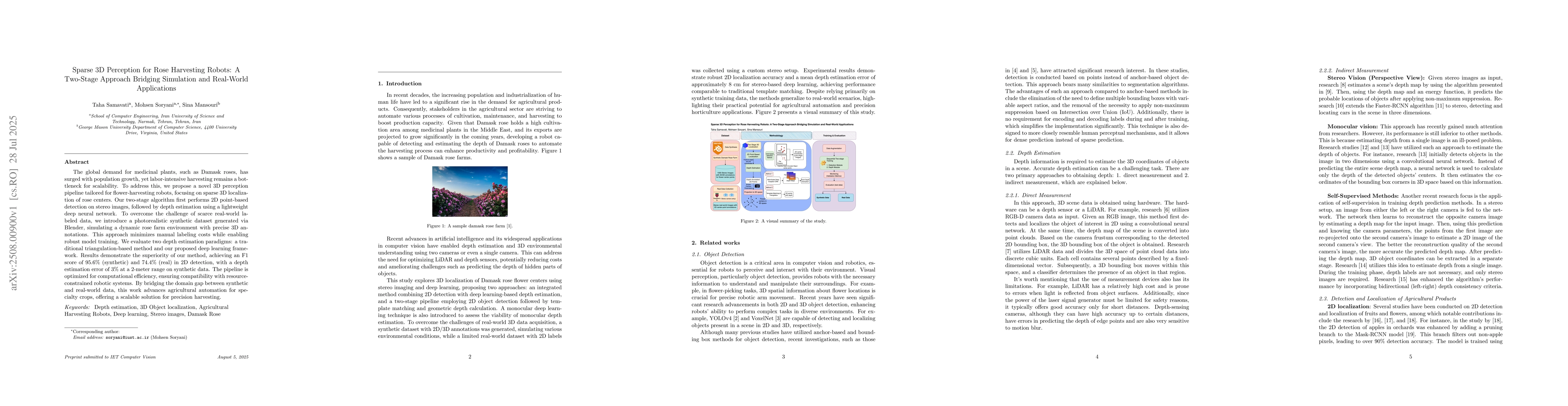 Thumbnail for Sparse 3D Perception for Rose Harvesting Robots: A Two-Stage Approach
  Bridging Simulation and Real-World Applications