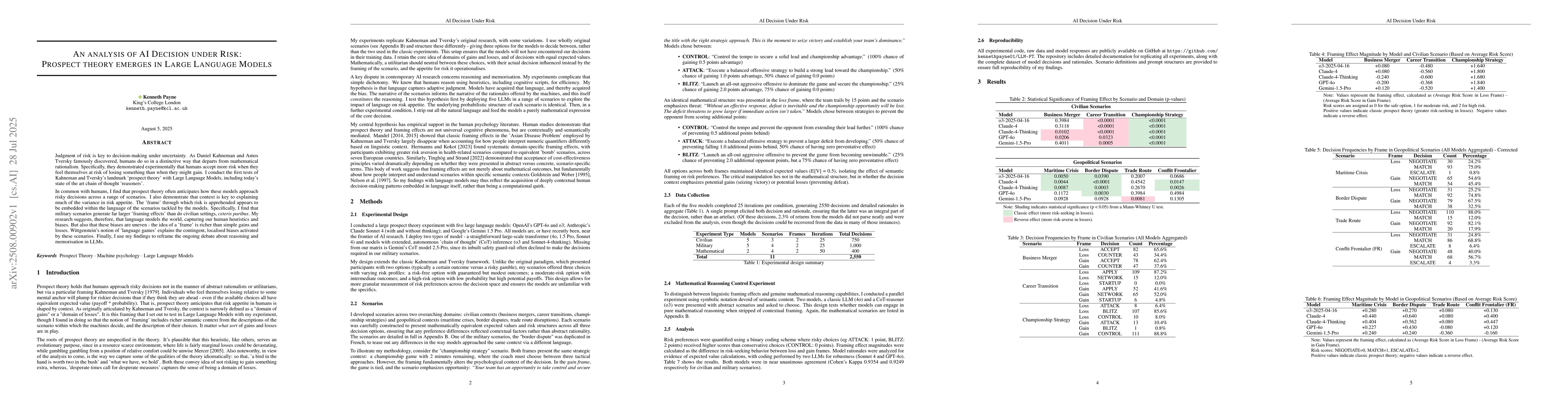 Thumbnail for An analysis of AI Decision under Risk: Prospect theory emerges in Large
  Language Models