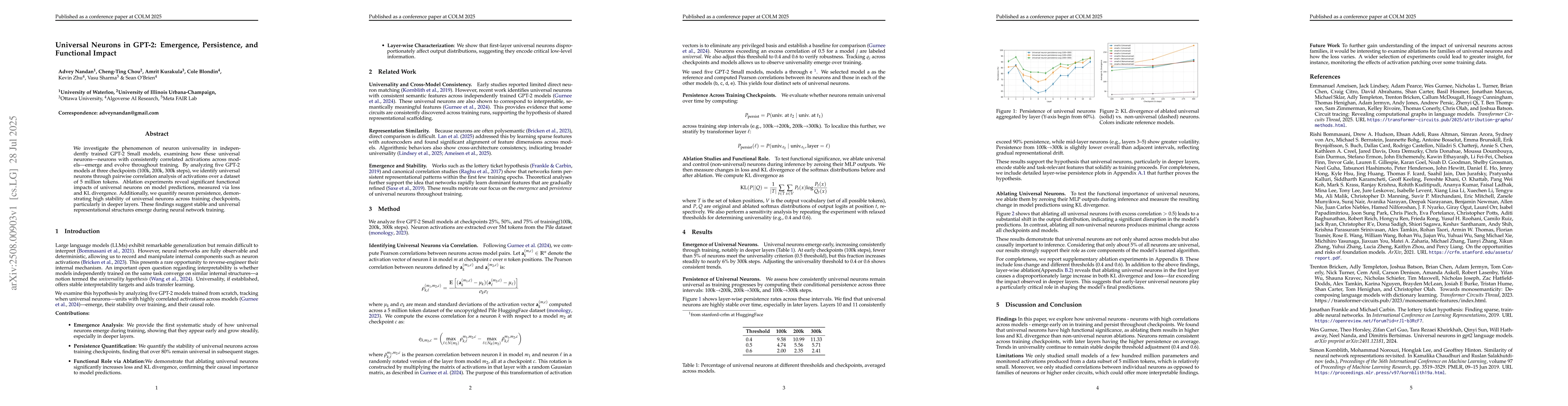 Thumbnail for Universal Neurons in GPT-2: Emergence, Persistence, and Functional
  Impact