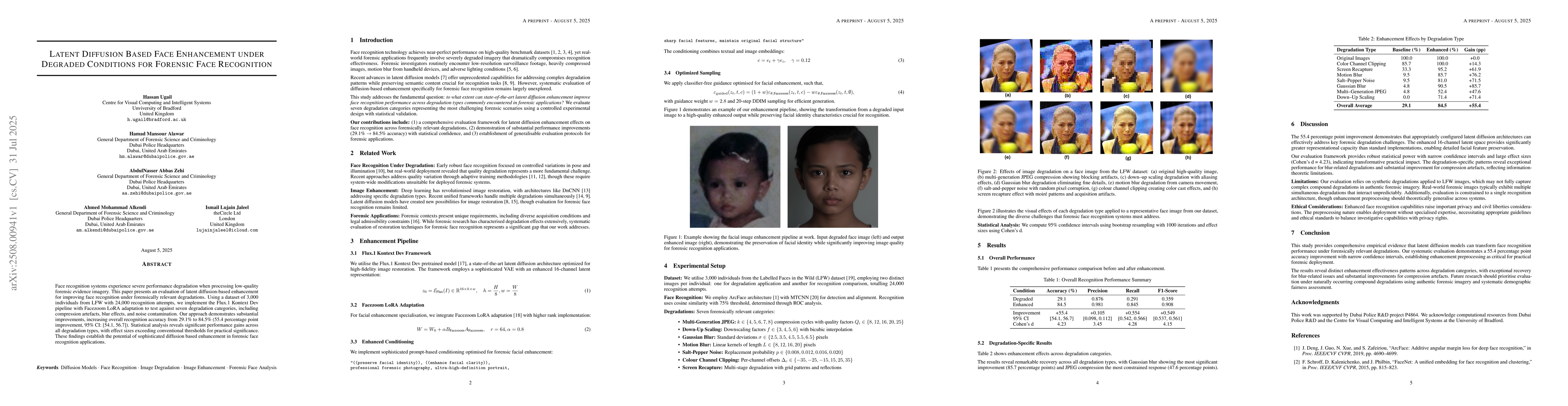 Thumbnail for Latent Diffusion Based Face Enhancement under Degraded Conditions for
  Forensic Face Recognition