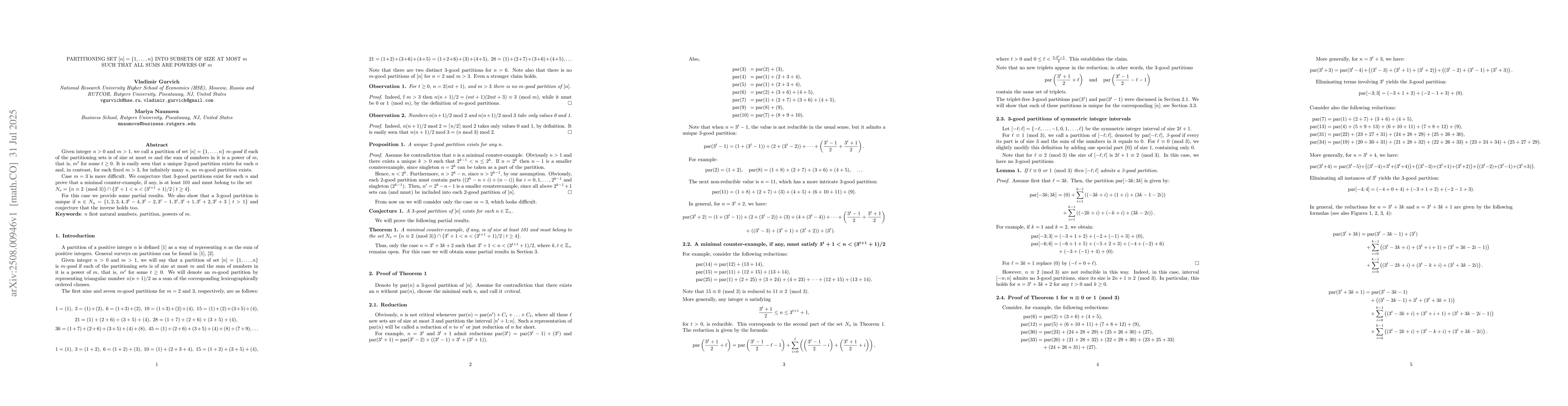 Thumbnail for Partitioning set $[n] = \{1, \dots, n\}$ into subsets of size at most
  $m$ such that all sums are powers of $m$