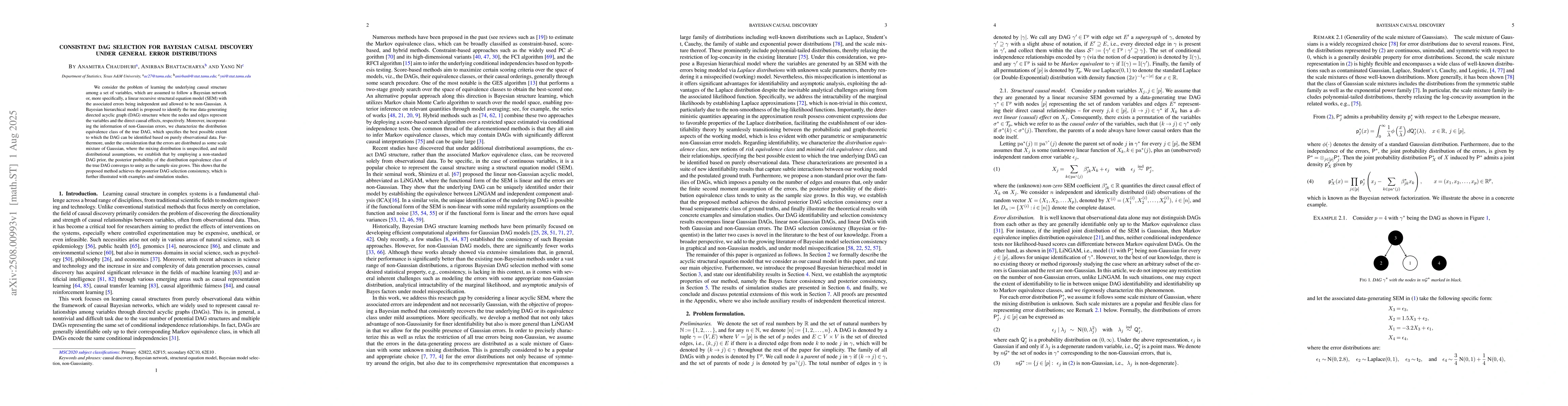Thumbnail for Consistent DAG selection for Bayesian causal discovery under general
  error distributions