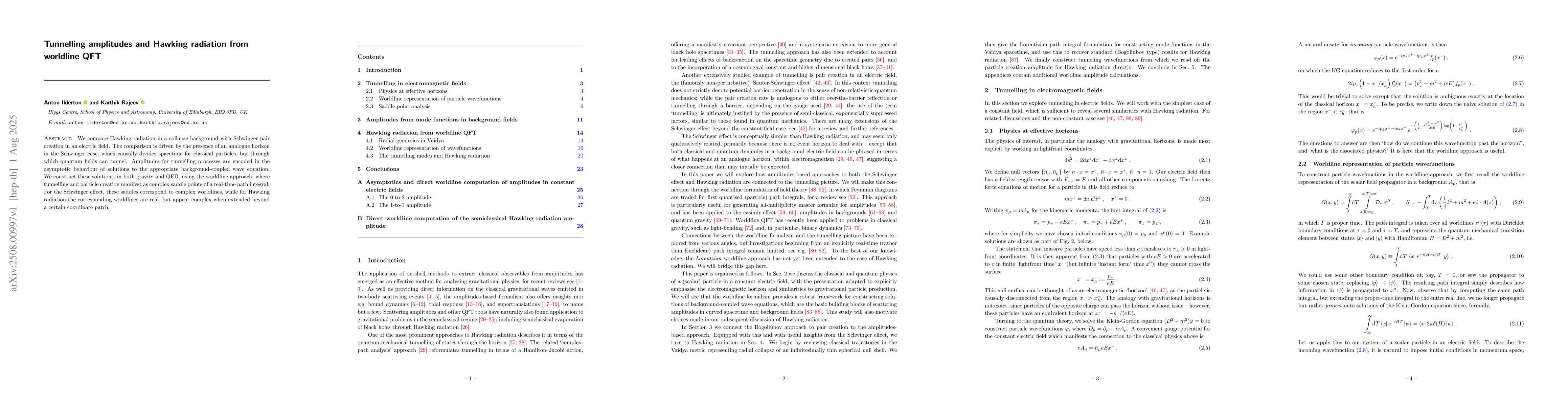Thumbnail for Tunnelling amplitudes and Hawking radiation from worldline QFT