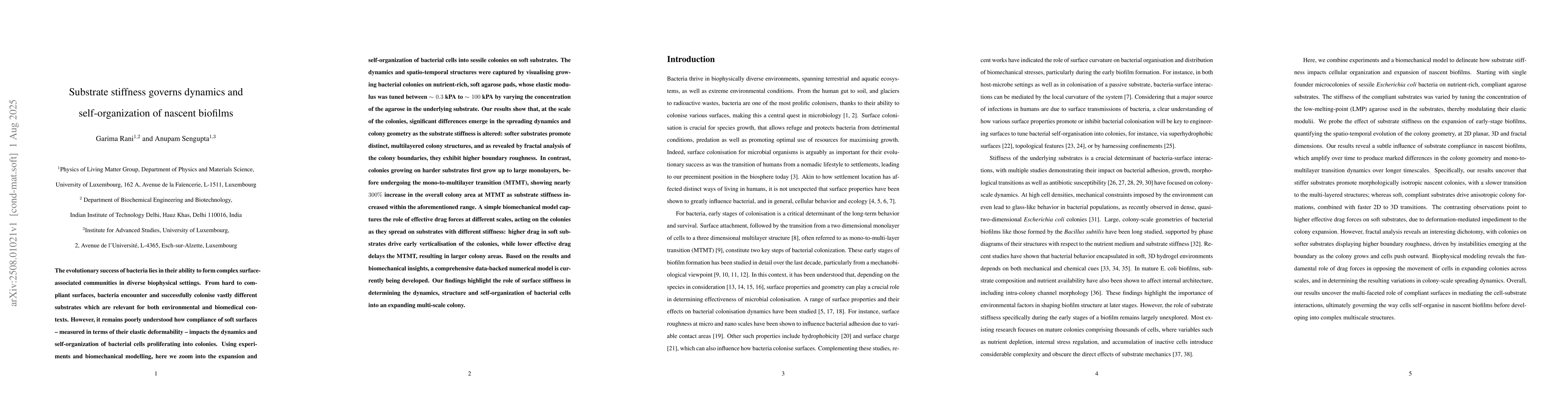 Thumbnail for Substrate stiffness governs dynamics and self-organization of nascent
  biofilms