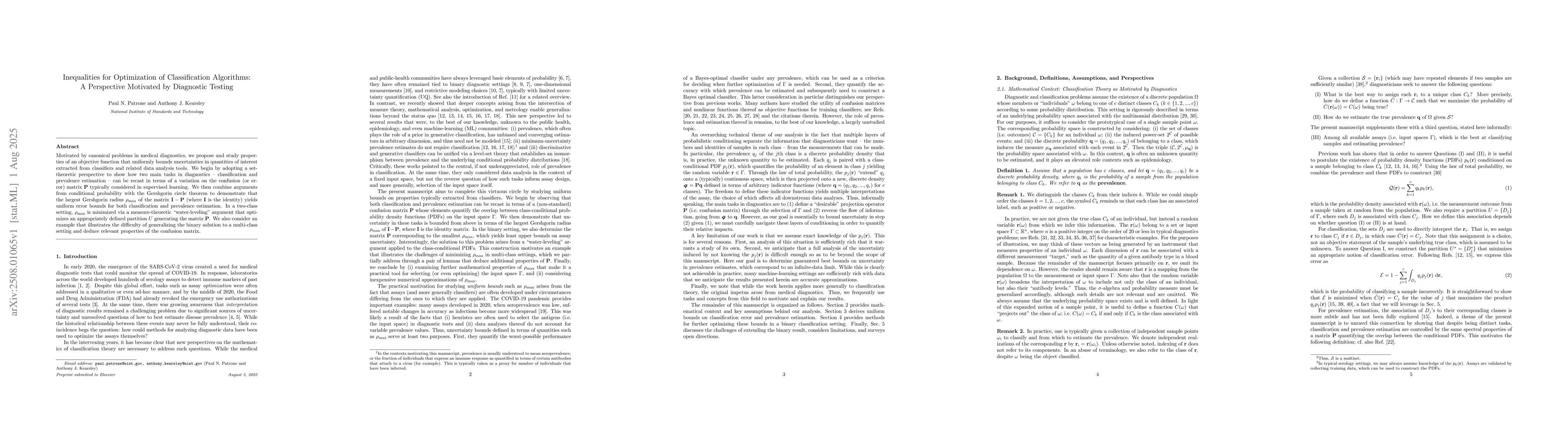 Thumbnail for Inequalities for Optimization of Classification Algorithms: A
  Perspective Motivated by Diagnostic Testing