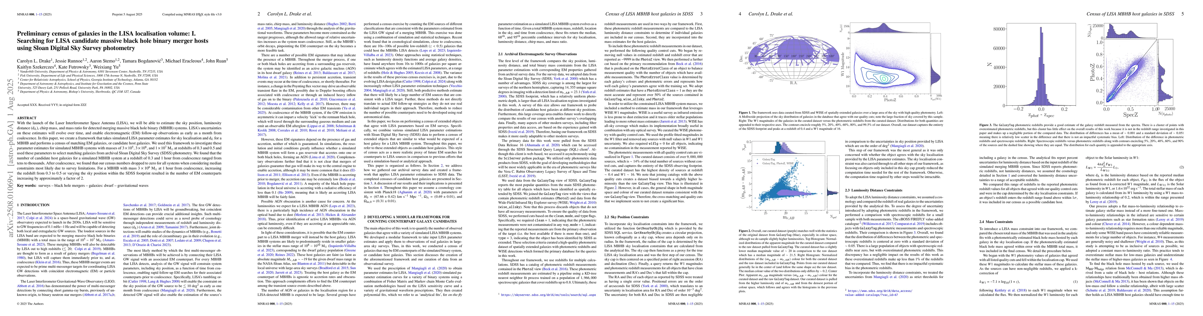 Thumbnail for Preliminary census of galaxies in the LISA localisation volume: I.
  Searching for LISA candidate massive black hole binary merger hosts using
  Sloan Digital Sky Survey photometry