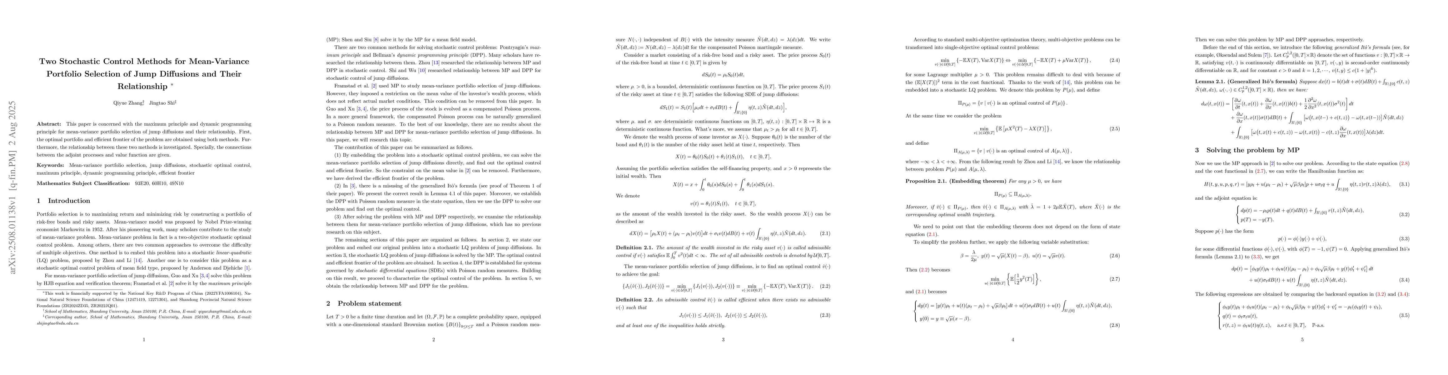 Thumbnail for Two Stochastic Control Methods for Mean-Variance Portfolio Selection of
  Jump Diffusions and Their Relationship