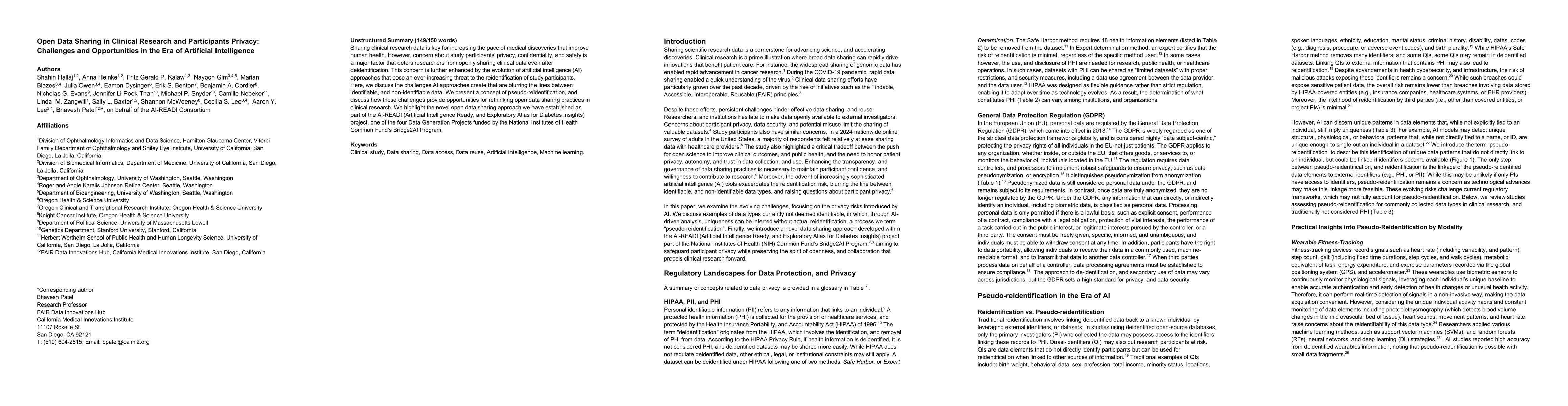 Thumbnail for Open Data Sharing in Clinical Research and Participants Privacy:
  Challenges and Opportunities in the Era of Artificial Intelligence