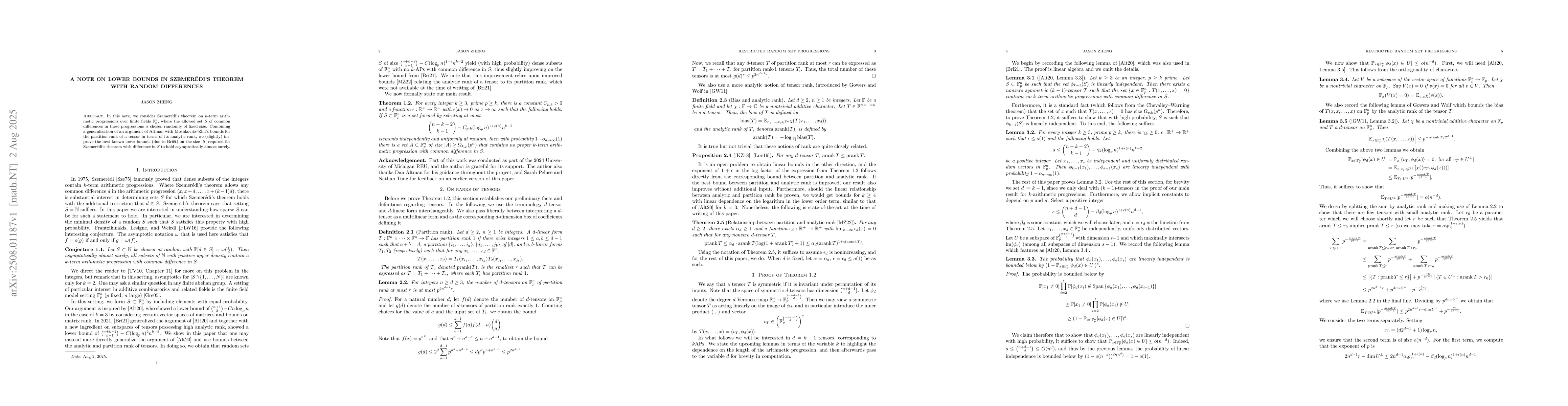 Thumbnail for A Note on Lower Bounds in SzemerĂŠdi's Theorem with Random Differences
