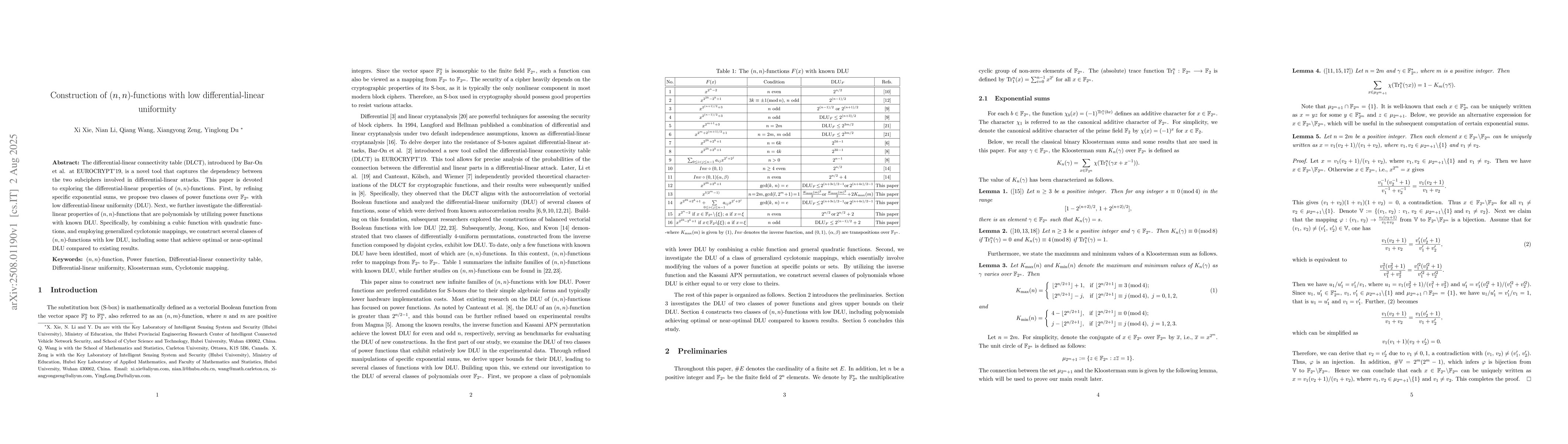 Thumbnail for Construction of $(n,n)$-functions with low differential-linear
  uniformity