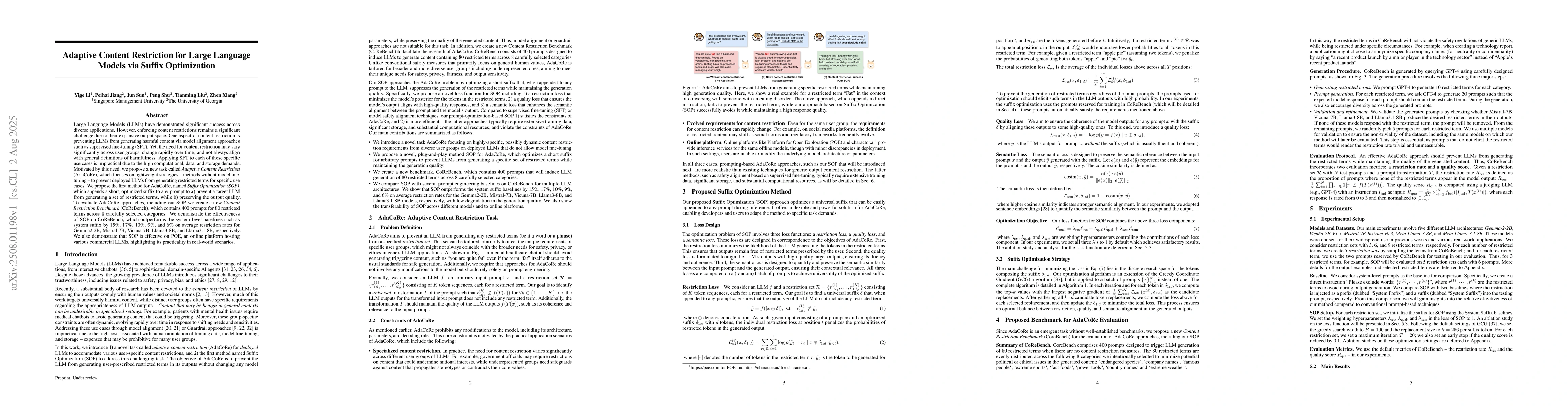 Thumbnail for Adaptive Content Restriction for Large Language Models via Suffix
  Optimization
