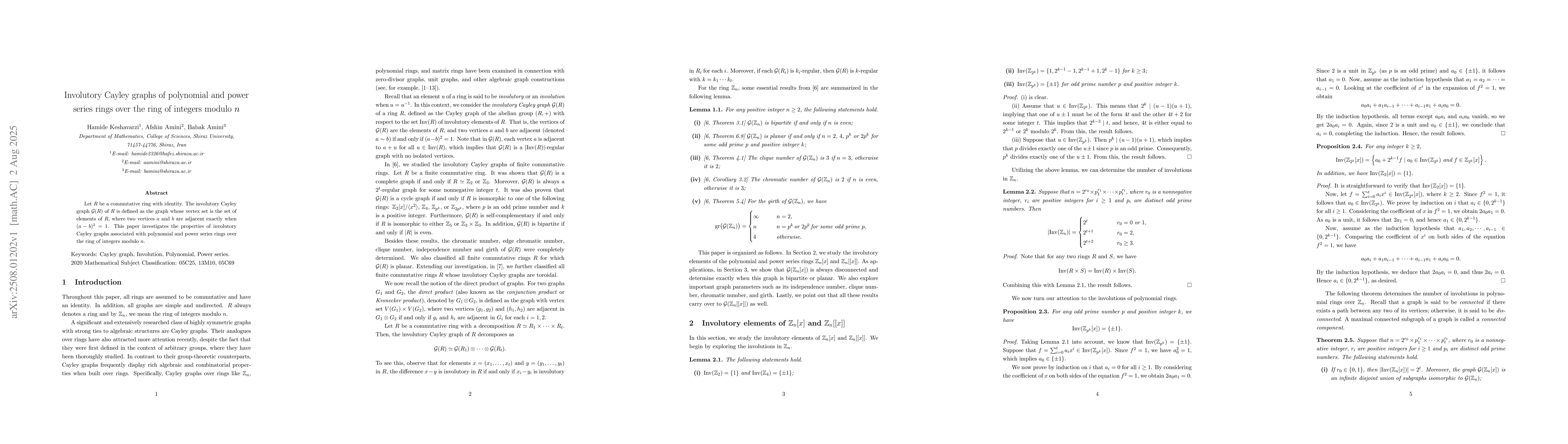 Thumbnail for Involutory Cayley graphs of polynomial and power series rings over the
  ring of integers modulo $n$