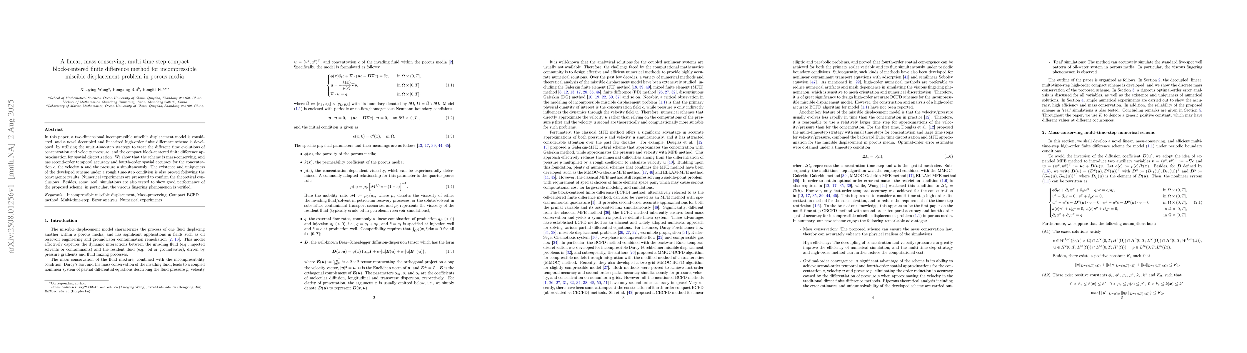 Thumbnail for A linear, mass-conserving, multi-time-step compact block-centered finite
  difference method for incompressible miscible displacement problem in porous
  media