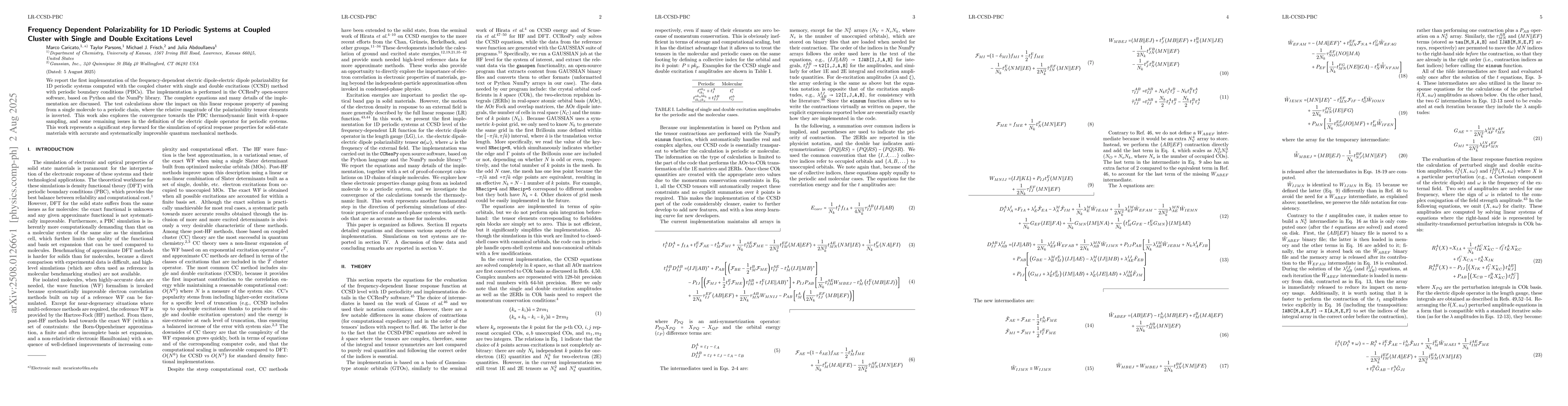Thumbnail for Frequency Dependent Polarizability for 1D Periodic Systems at Coupled
  Cluster with Single and Double Excitations Level