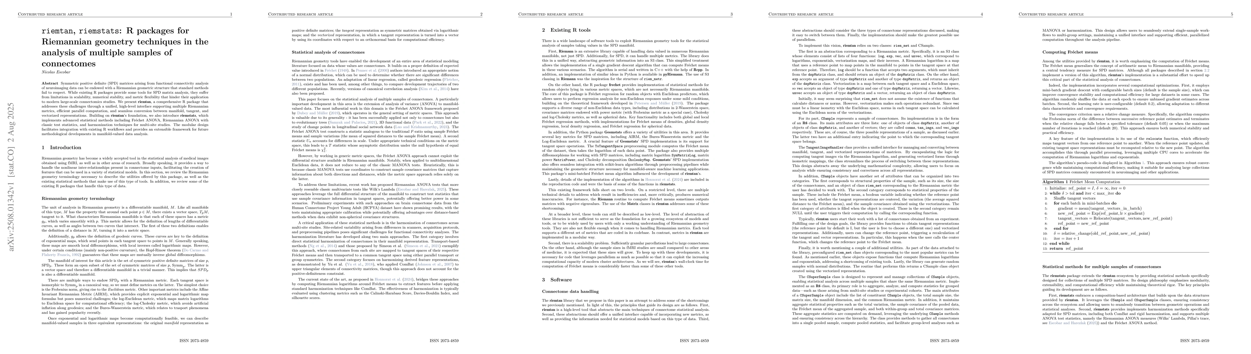 Thumbnail for riemtan, riemstats: R packages for Riemannian geometry techniques in the
  analysis of multiple samples of connectomes