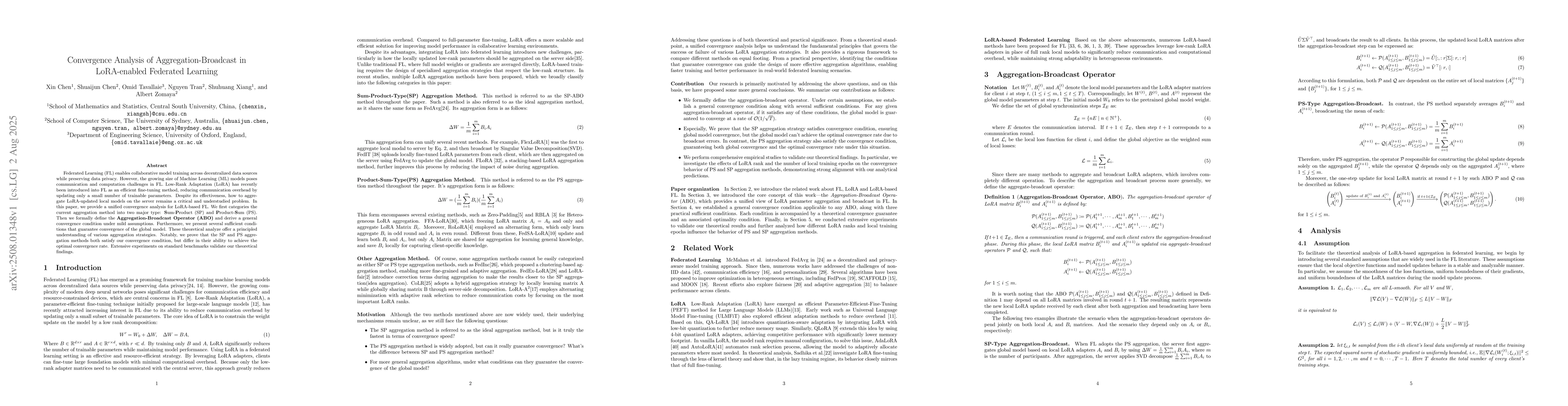 Thumbnail for Convergence Analysis of Aggregation-Broadcast in LoRA-enabled Federated
  Learning