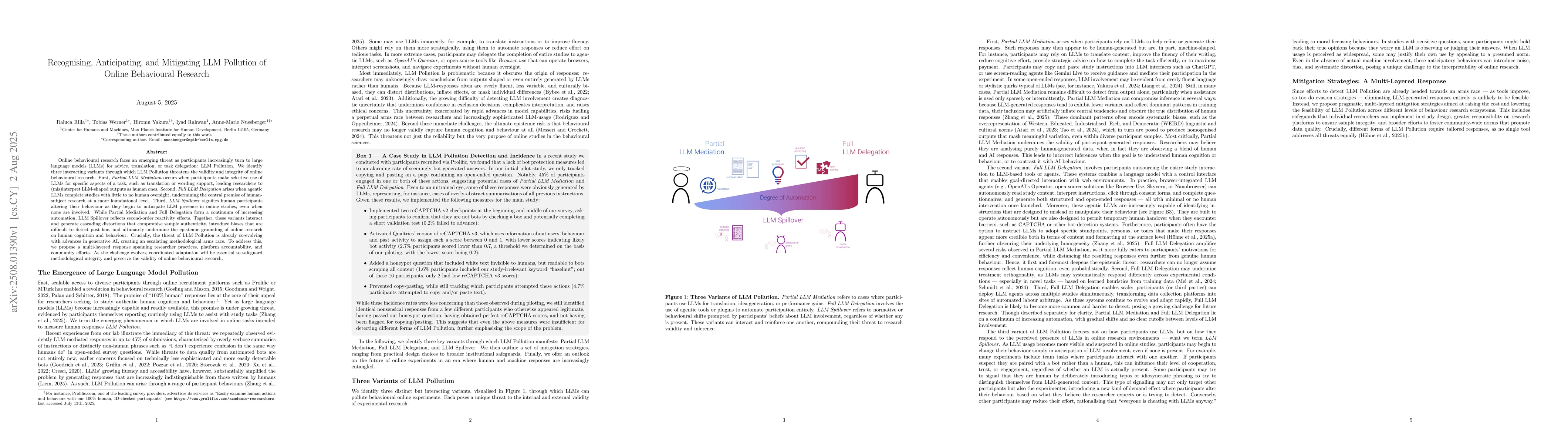 Thumbnail for Recognising, Anticipating, and Mitigating LLM Pollution of Online
  Behavioural Research
